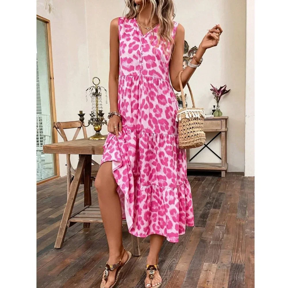 Pink Boho Womens Leopard Print Ruffle Hem Smock Dress - Picture 5 of 7